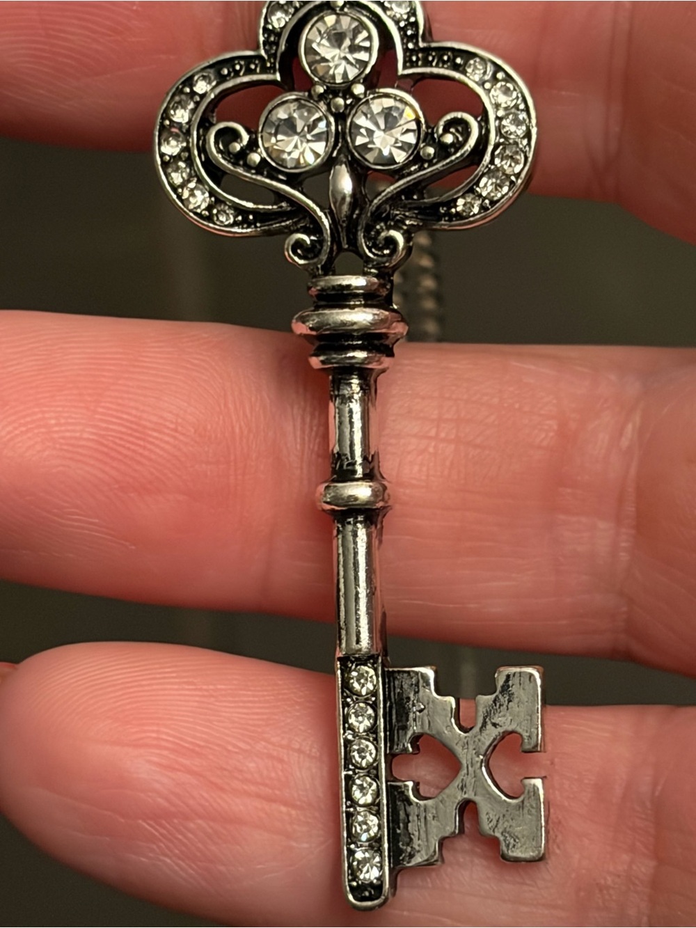 Silver Tone Crystal Key Pendant Necklace - Sparkling Key Charm - Picture 5 of 5